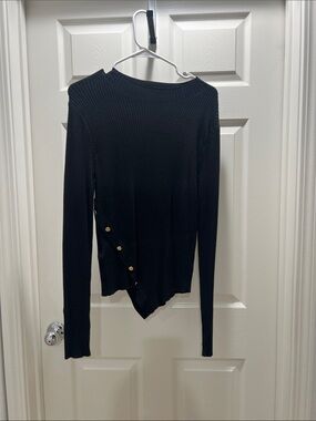 Mango Black Asymmetric Rib Knit Top with Side Button Detail